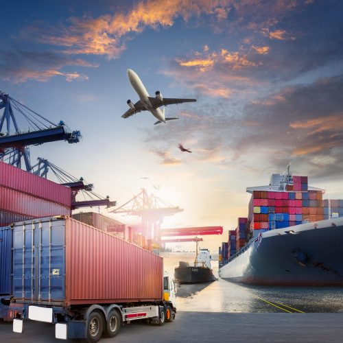 Firefly Container truck in ship port for business Logistics and transportation of Container Cargo sh